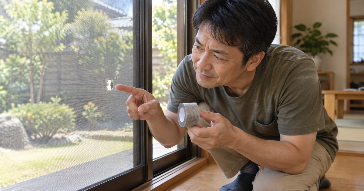 網戸の小さな穴を指さし、補修テープを手にしている男性