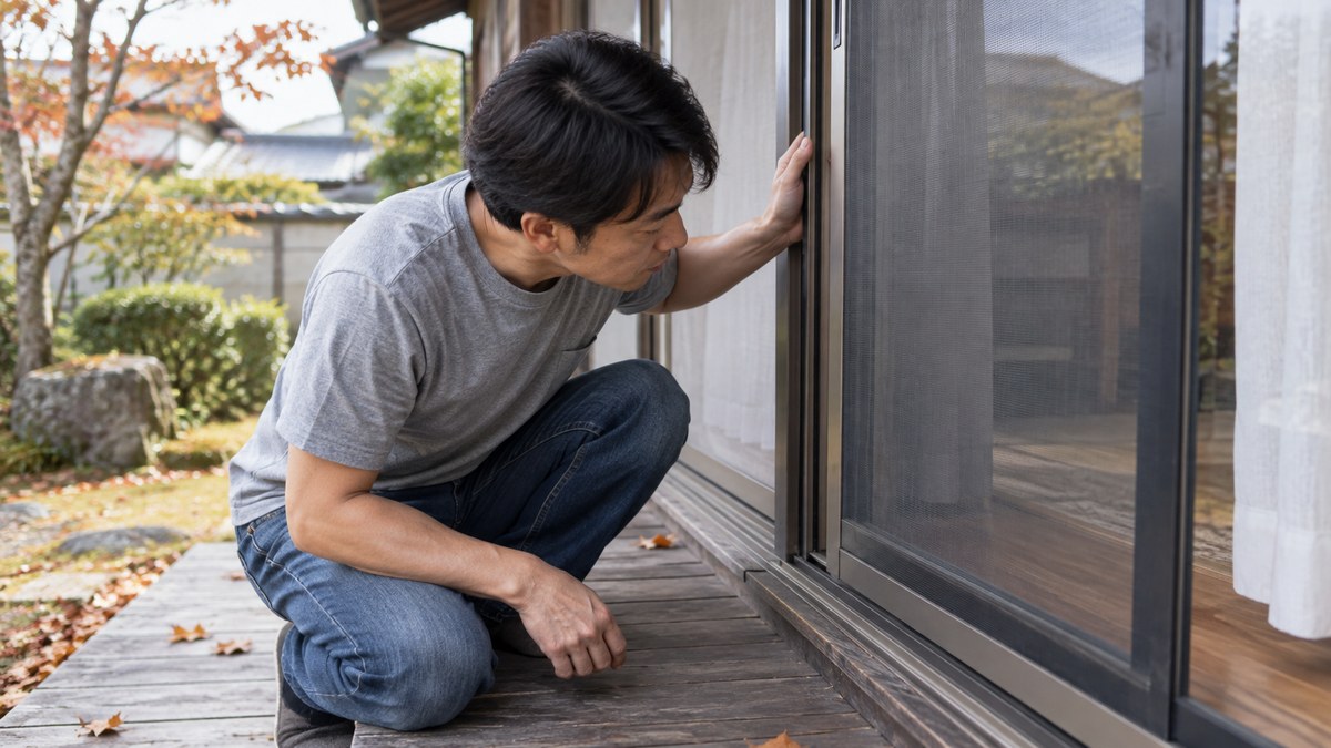 縁側にしゃがみ、網戸の枠と窓ガラス戸の合わせ目を点検する男性