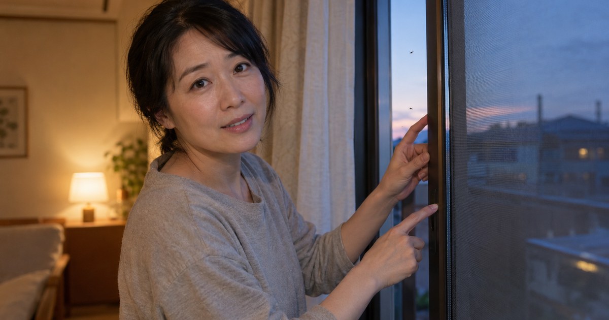 夕暮れの窓辺で、網戸の枠と窓サッシの隙間を指さす女性
