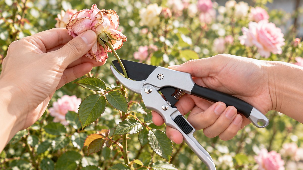 咲き終わったバラの花を片手で持ち、花の下の細い茎を剪定ばさみで切っているところ(花がら切り)