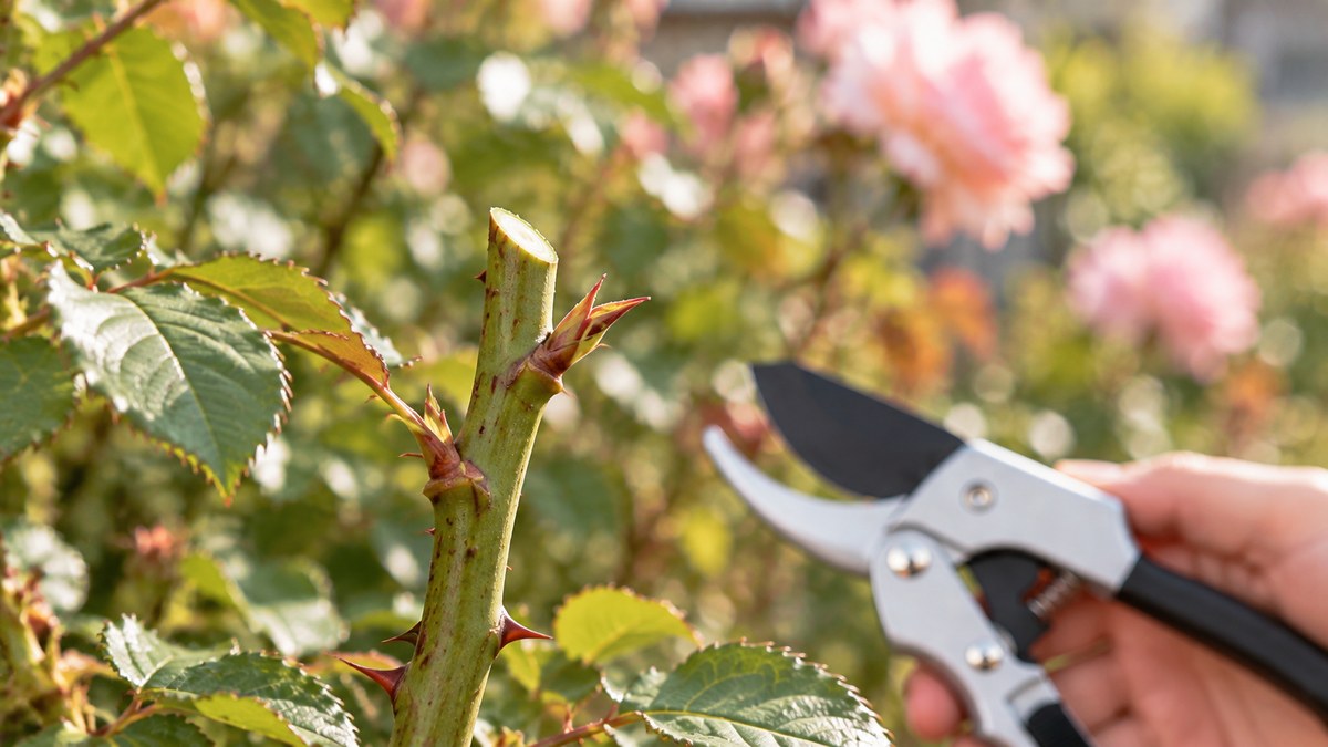 剪定ばさみで切ったバラの枝。切り口はつぶれずに平らで、すぐ下に芽が残っている