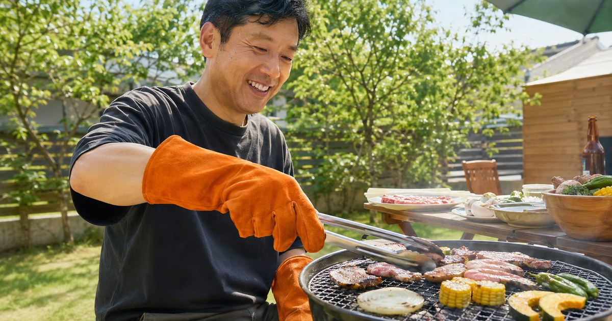 BBQでやけどを防ぐ耐熱グローブ（オレンジ・長い袖）を着けてトングを持つ手元