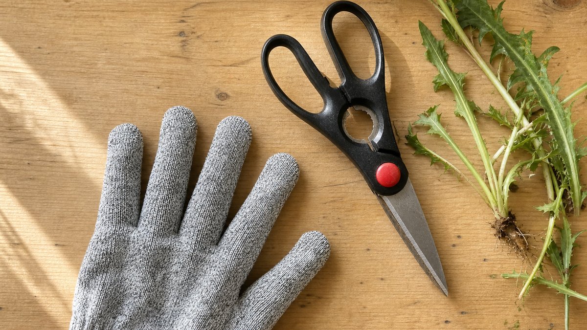 防刃手袋と剪定ばさみ、刈り取った雑草を並べた作業台