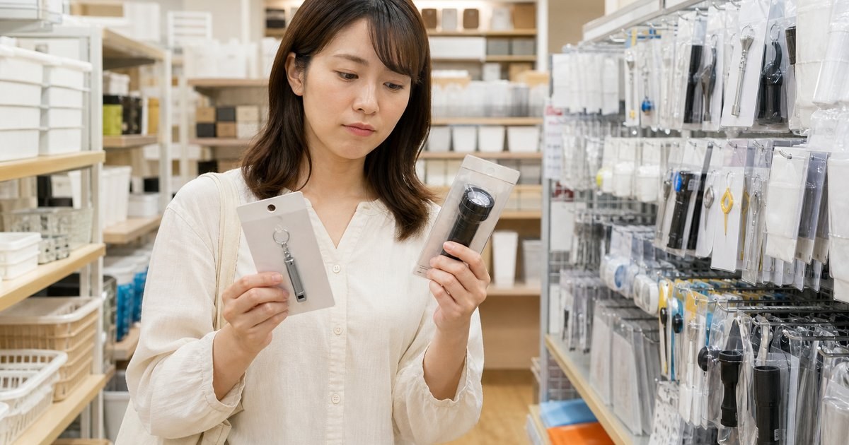 100円ショップの売り場で防災グッズを手に取り、どれを買うか迷っている女性