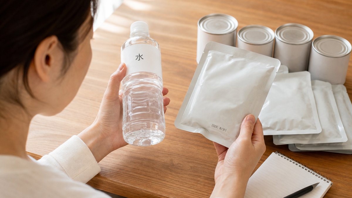 保存水とレトルト食品の賞味期限を確認する手元
