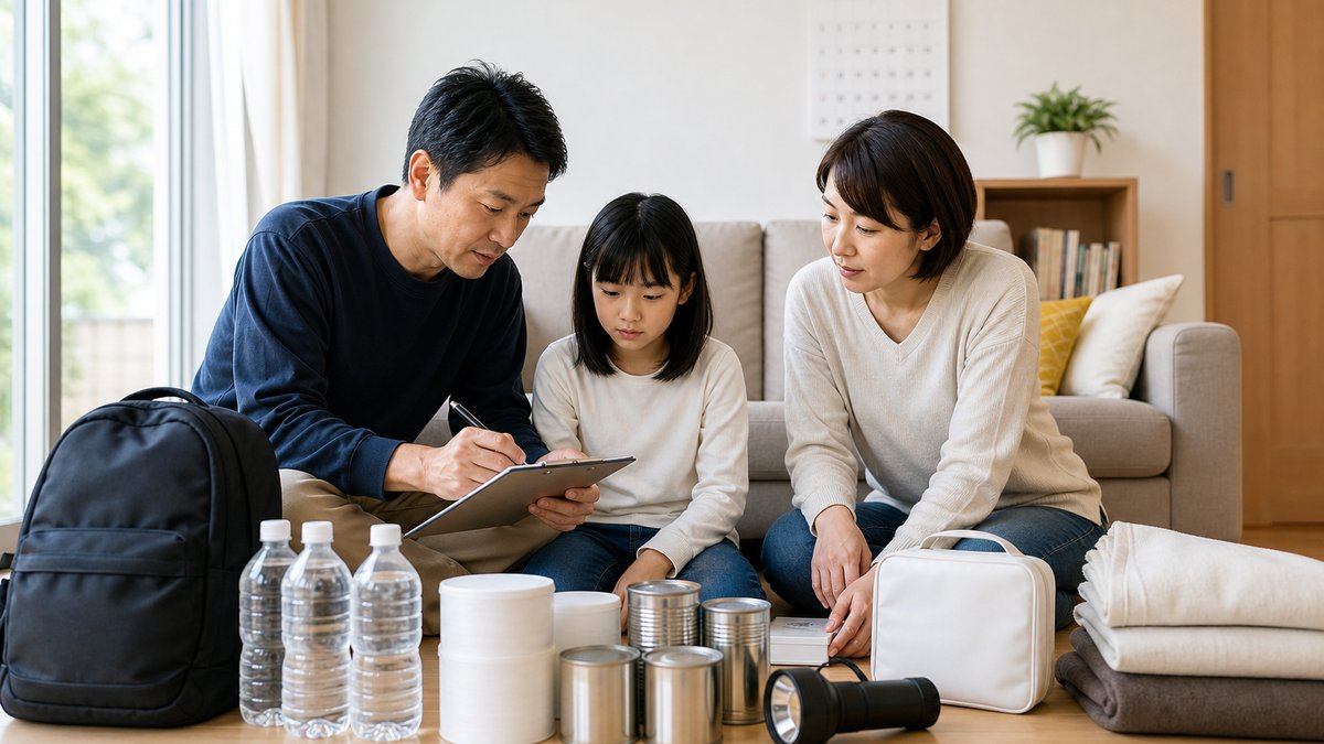 リビングで家族そろって防災グッズをチェックリストで点検する様子