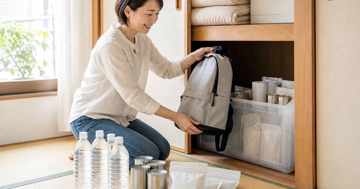 押入れから防災リュックを出して見直す様子