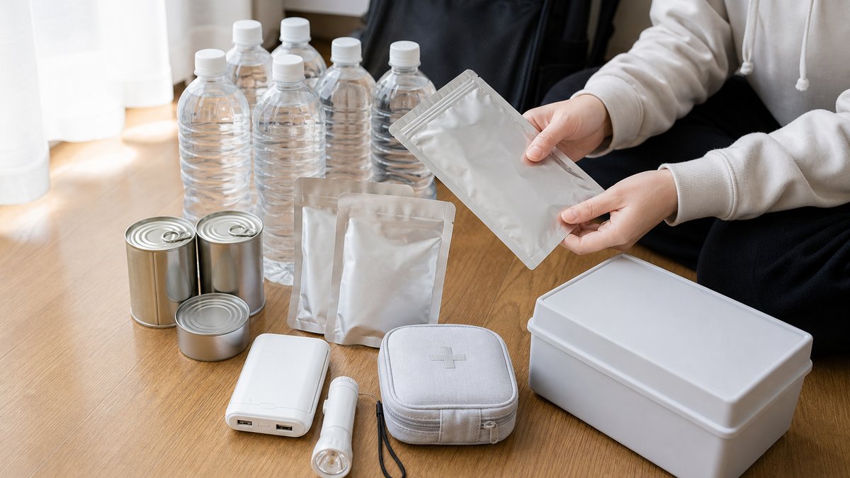 一人暮らしの防災備蓄品を確認する手元、水・食品・トイレ用品・懐中電灯・モバイルバッテリー・救急ポーチ