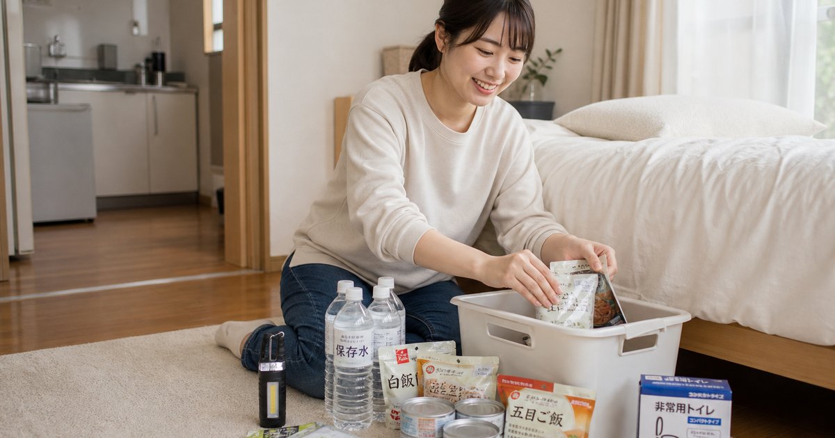 一人暮らしのワンルームで防災備蓄グッズを整理する女性