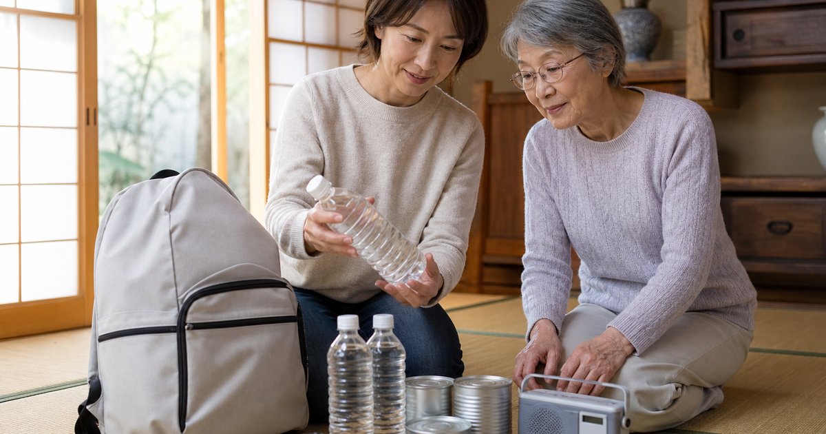 実家の和室で防災グッズを一緒に確認する娘と高齢の母親