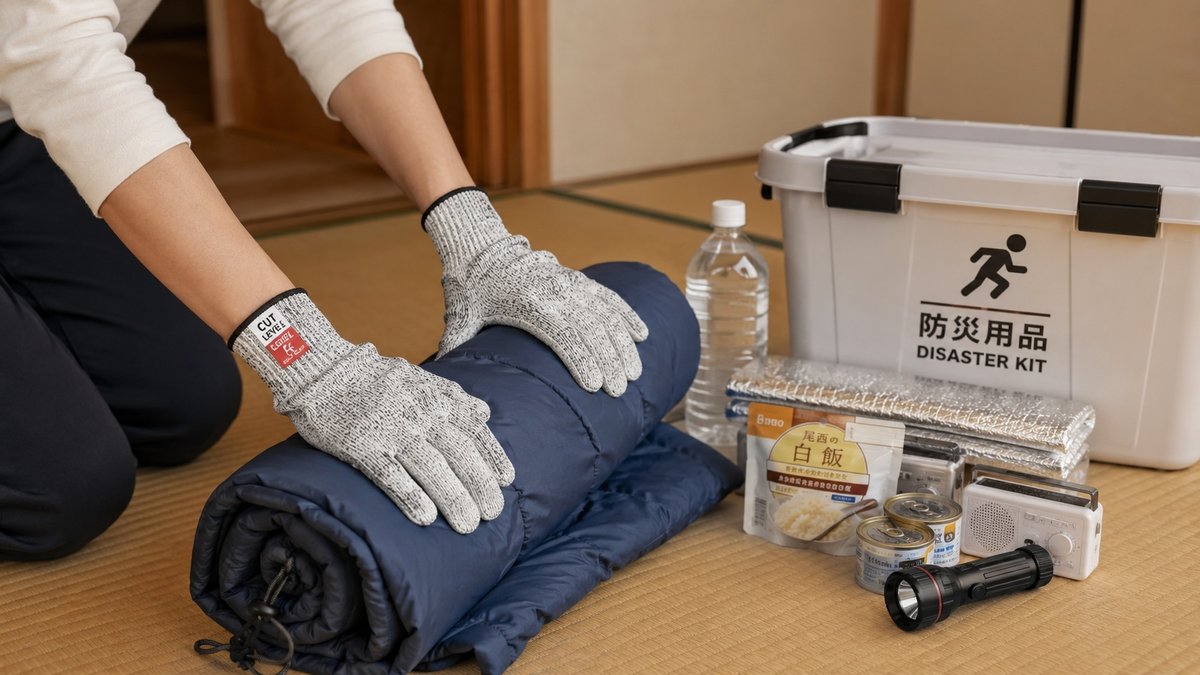 和室で寝袋を丸めて防災用品ボックスの横に置いているところ