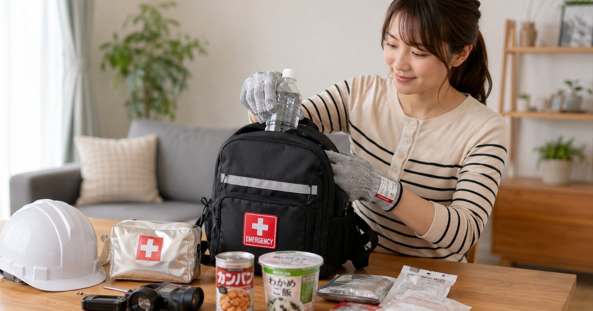 防災の日に非常持ち出し袋へ水や非常食を詰めている女性