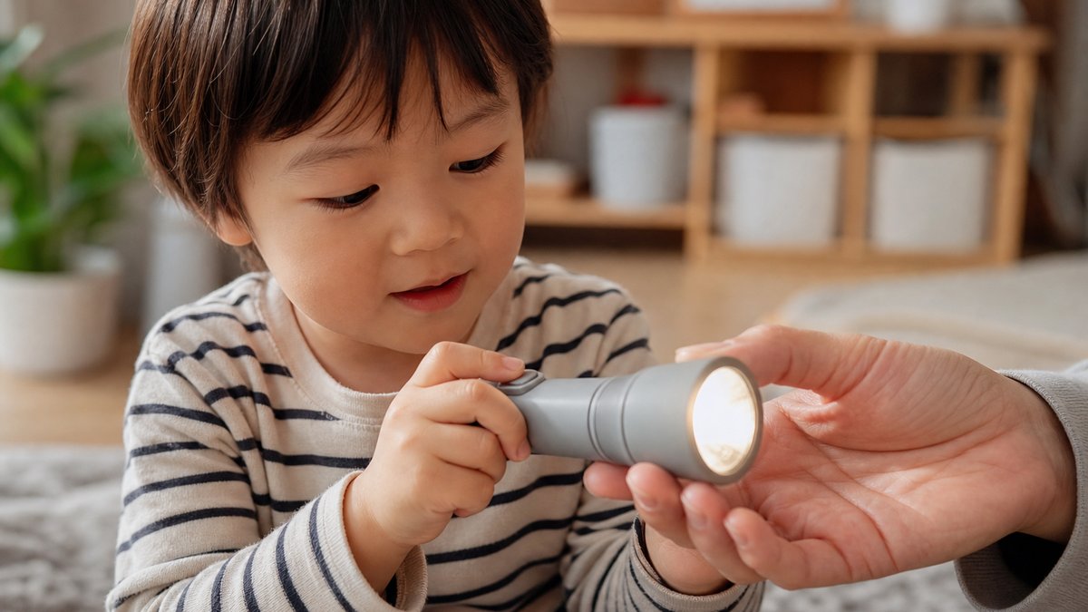 懐中電灯のスイッチを自分で入れてみる子どもの手元