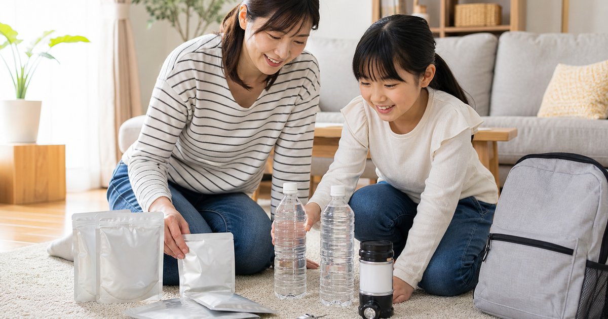 リビングの床で母親と子どもが一緒に防災グッズを並べている