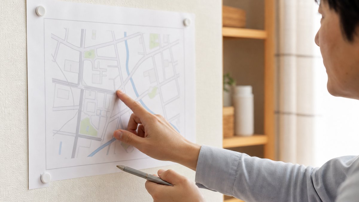 自宅の壁に貼った地図を指さして避難経路を確認している手元
