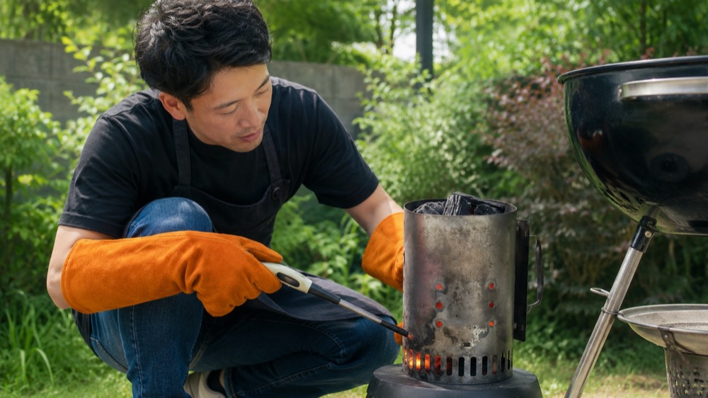 庭のBBQで、オレンジの耐熱グローブをはめて火起こし器の下に着火する男性