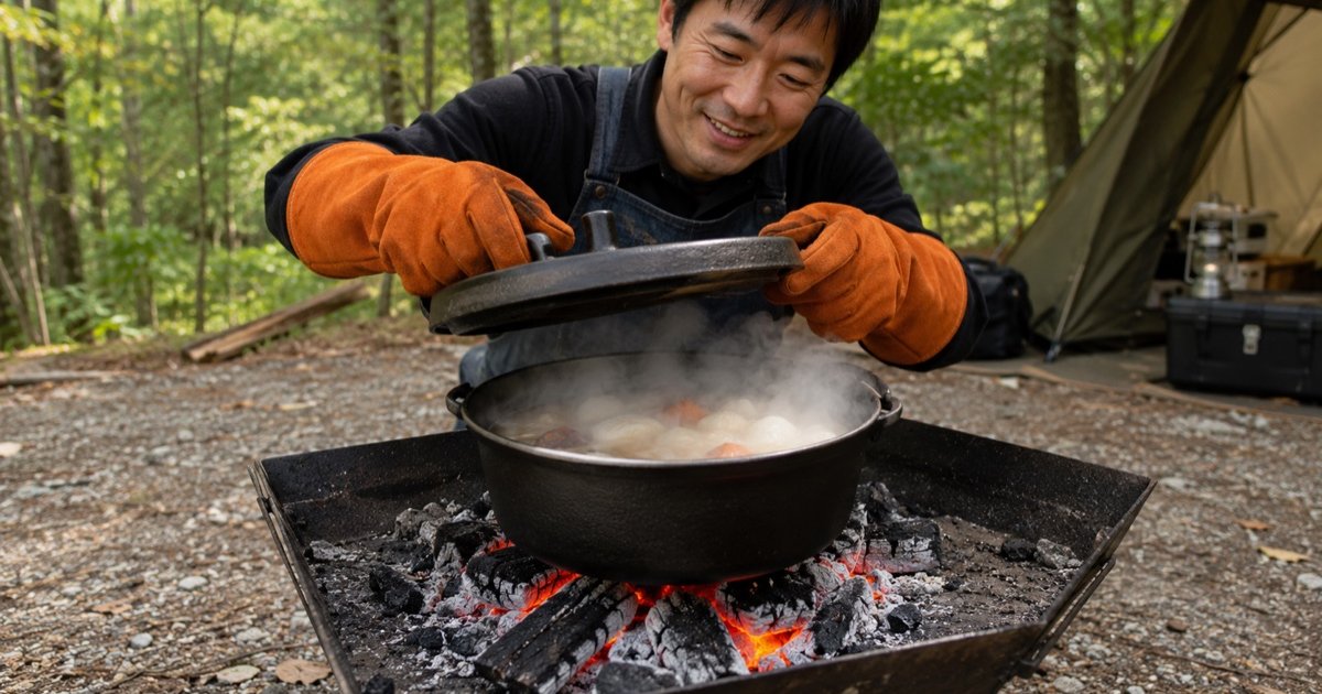 キャンプ場でダッチオーブンの熱い蓋を耐熱グローブで開ける男性