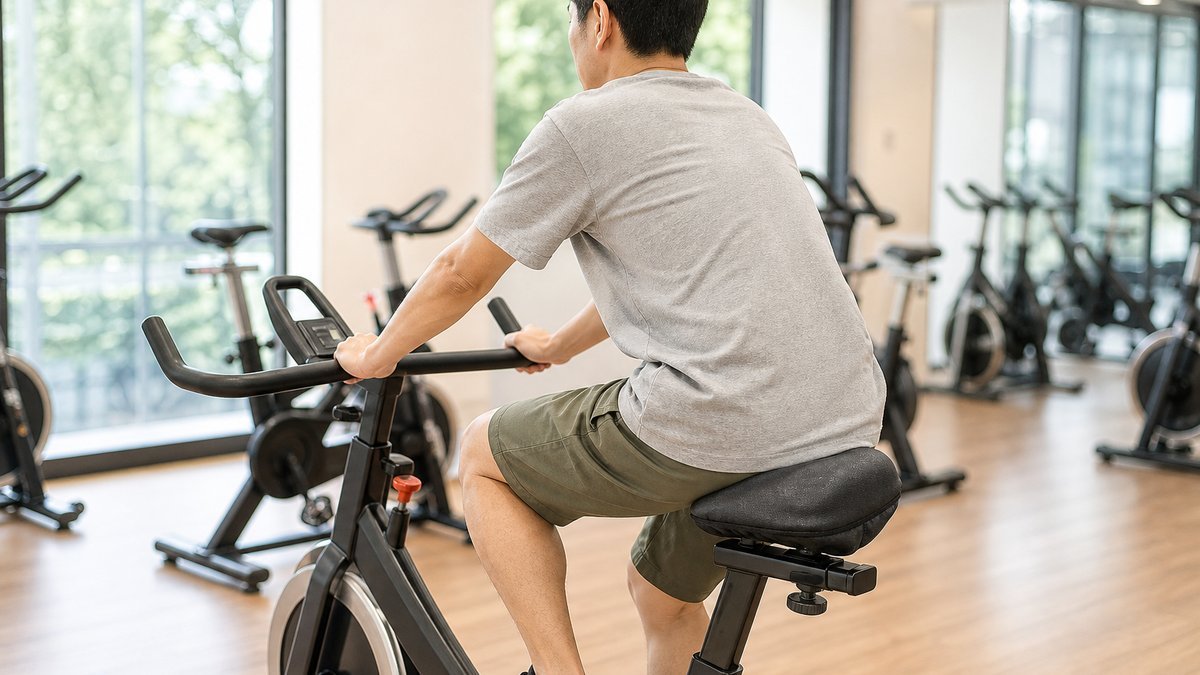 サドルクッションを付けたジムのバイクをこいでいるところ(斜め後ろから)