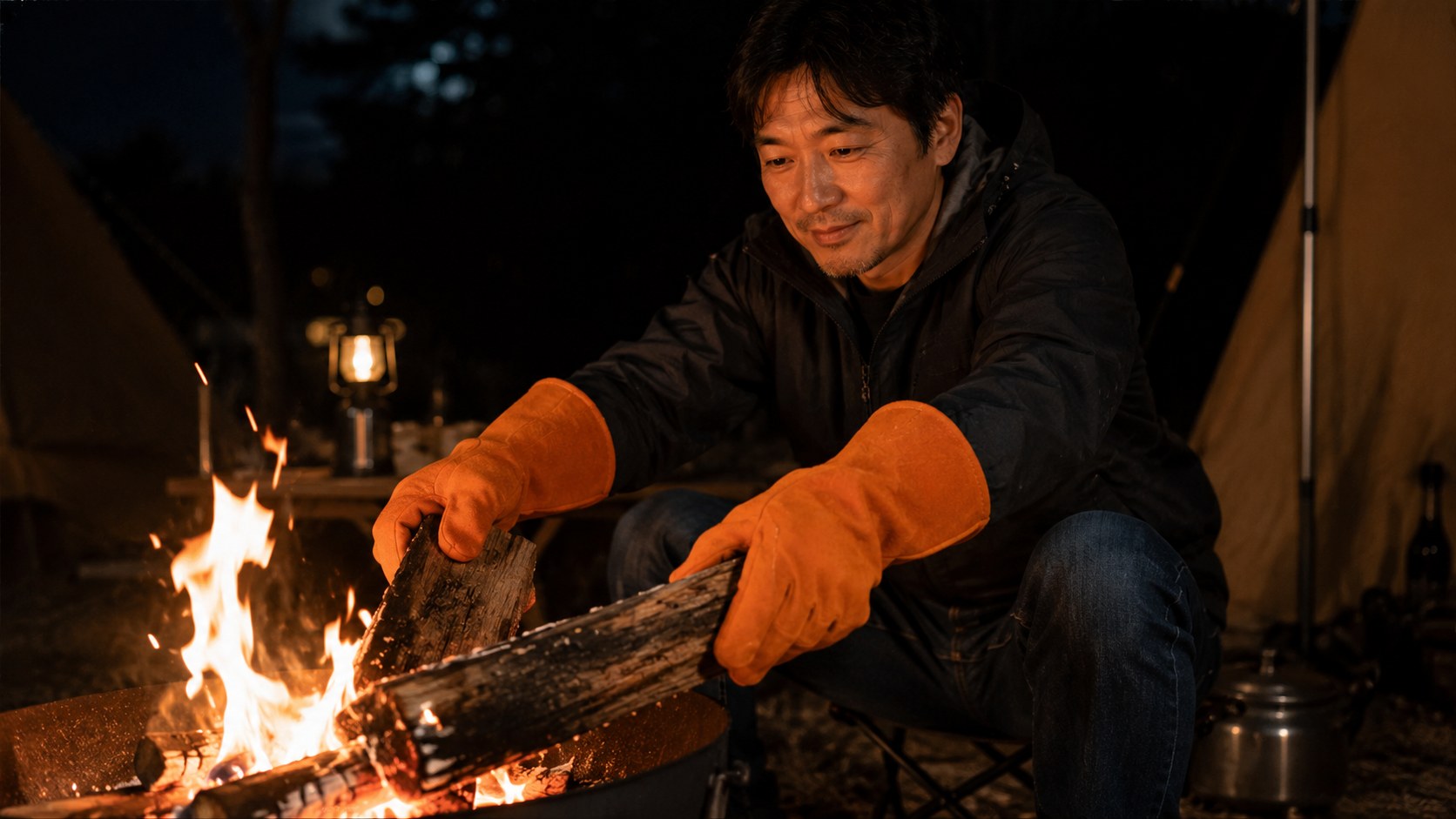 分厚い鍋つかみで熱い鍋のフチがうまく掴めず困っているようす