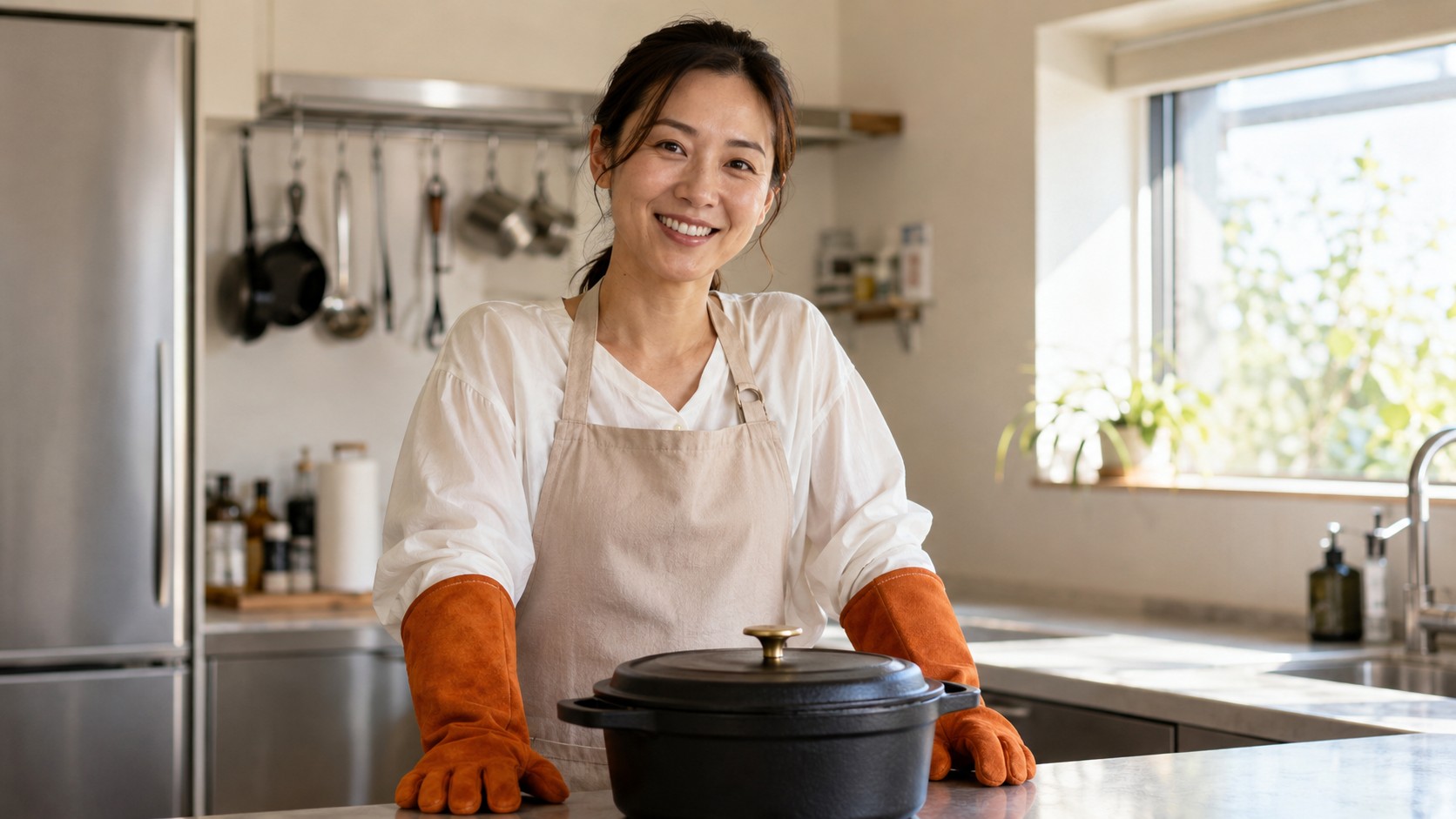 キッチンで耐熱グローブをはめて熱い鍋を両手で持ち上げている様子