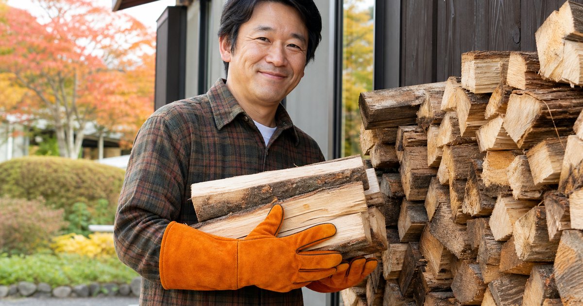 オレンジの耐熱グローブをつけて薪を運ぶ男性