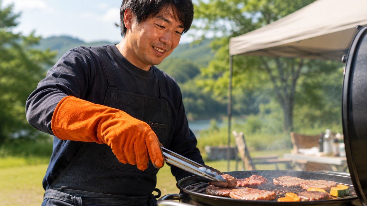 家族BBQで耐熱グローブを使う50代男性