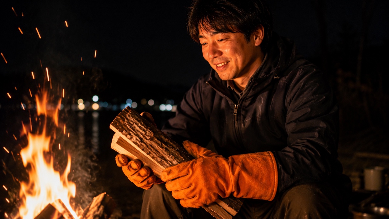 耐熱グローブを着けて焚き火を楽しむ人