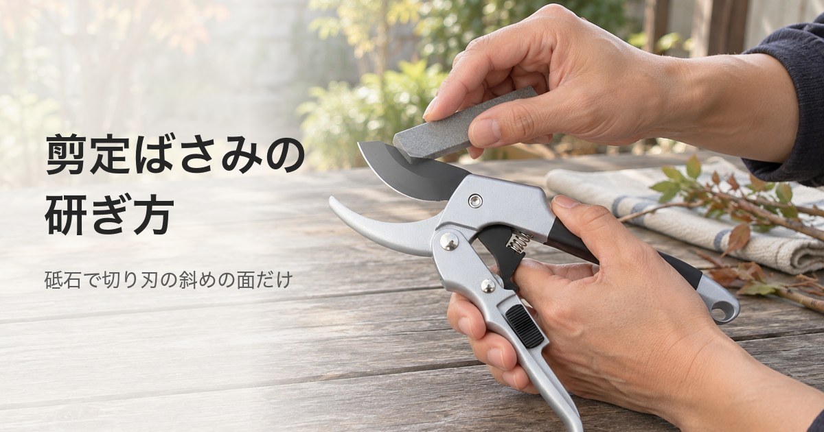 剪定ばさみの刃に小さな砥石を当てて研いでいる手元