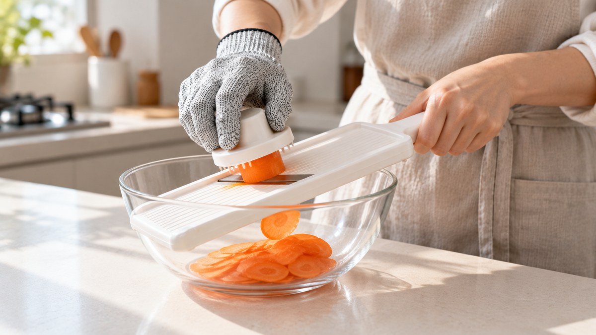 にんじんの最後の部分を安全ホルダーではさみ、防刃手袋の手でホルダーを動かしてボウルに薄切りを落としているところ
