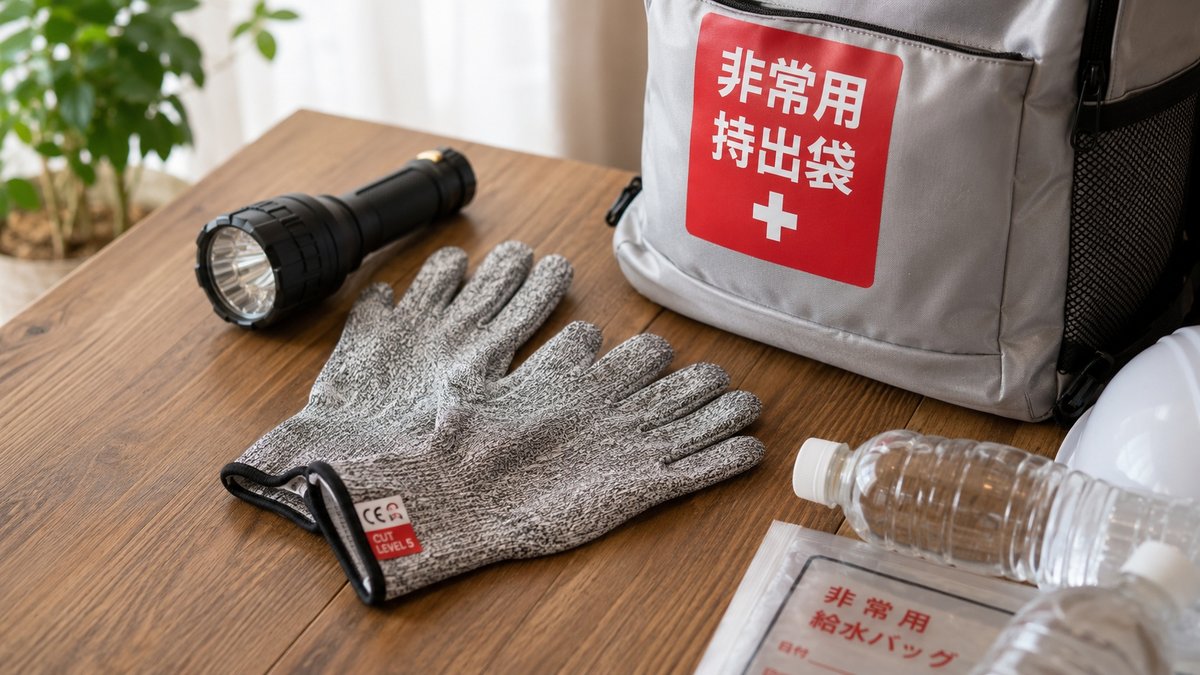 防刃手袋と懐中電灯・非常用持出袋・水を並べた台風の備えセット