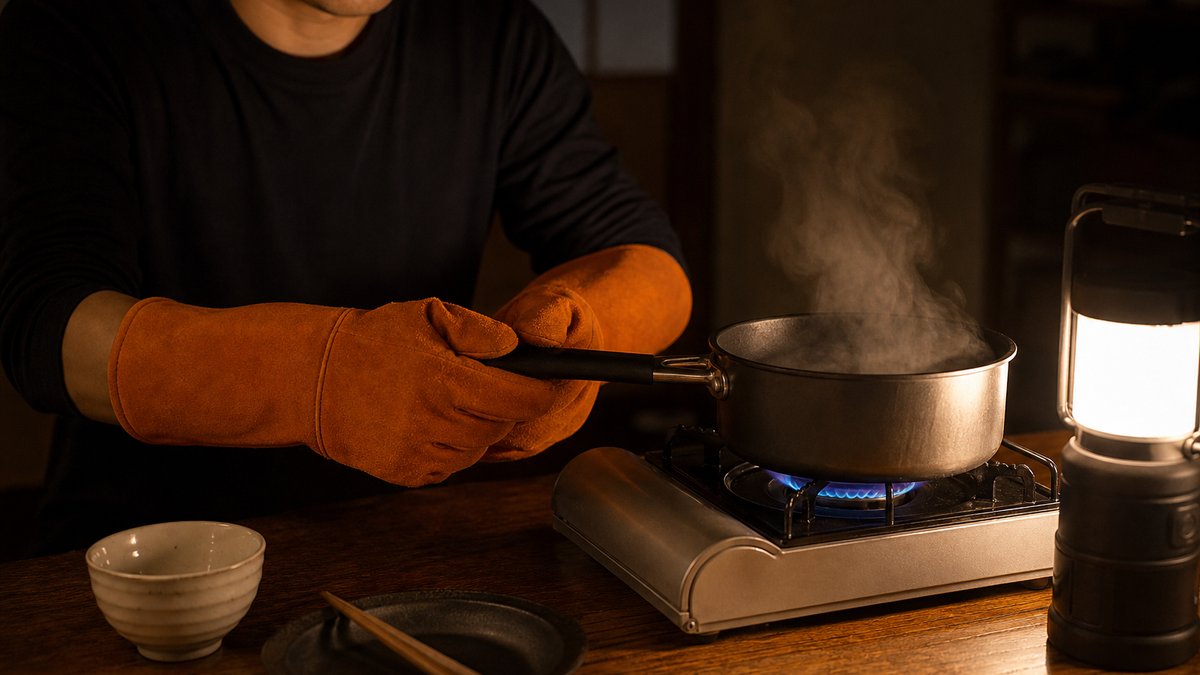 停電中、耐熱グローブをはめた手でカセットコンロにかけた鍋の取っ手を握る手元