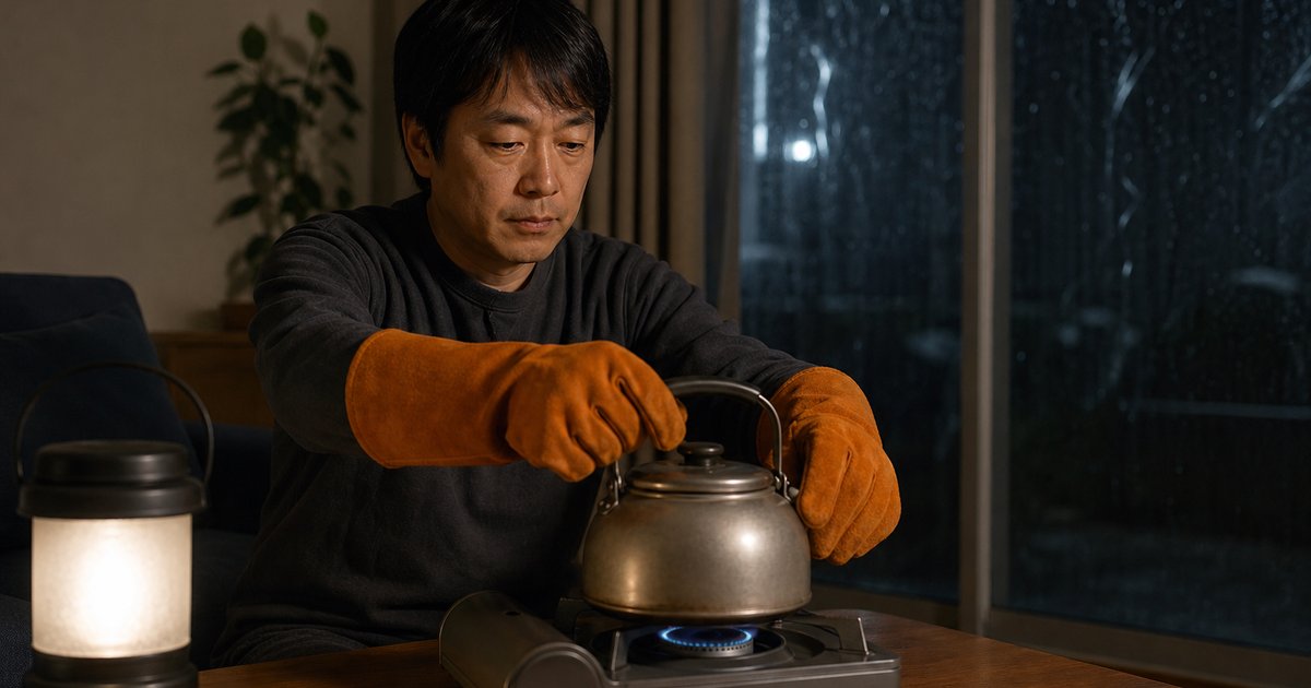台風の夜に停電した部屋で、オレンジの耐熱グローブをはめてカセットコンロにやかんをかける男性