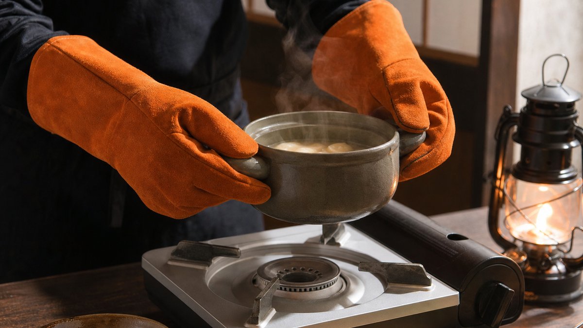 耐熱グローブをはめた手でカセットコンロから熱い鍋を持ち上げるところ