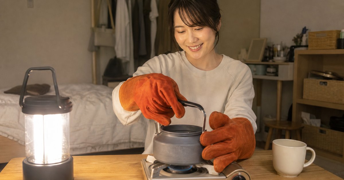 停電した部屋でLEDランタンの明かりの下、耐熱グローブをつけてカセットコンロのケトルを扱う女性