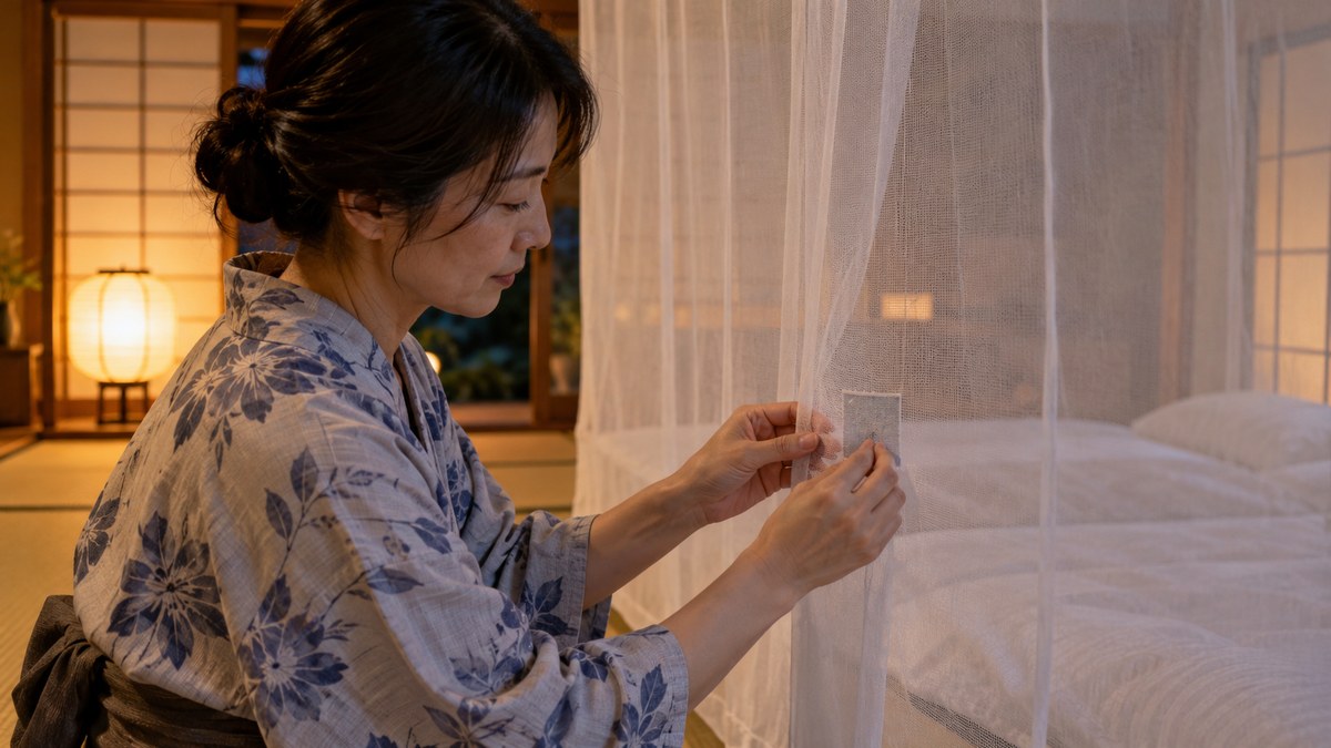 和室に吊った蚊帳の小さな穴に、補修テープを貼る女性